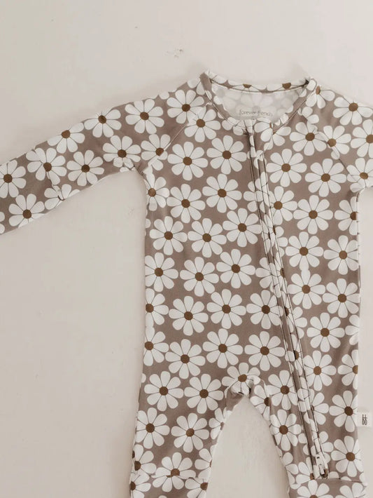 Bamboo Zip Pajamas - Mocha Daisy