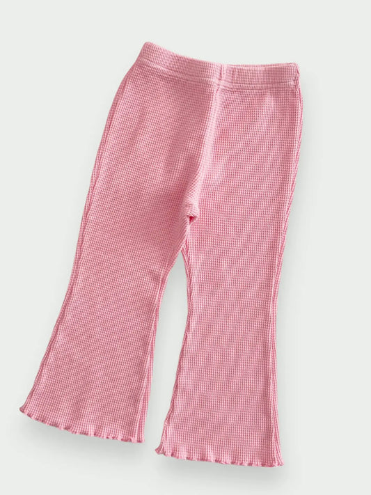 Cozy Waffle Lettuce-Edge Flare Pants- Pink