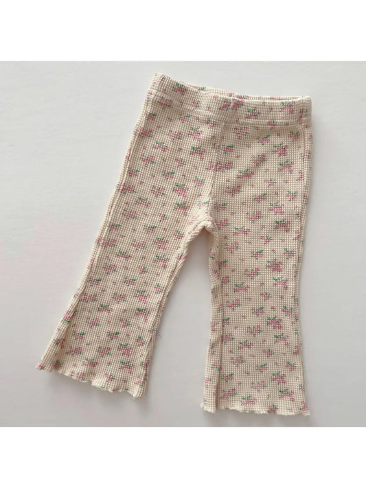Cozy Waffle Lettuce-Edge Flare Pants- Pink Floral