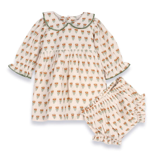 Ina Block Print Floral Baby Dress & Bloomer Set