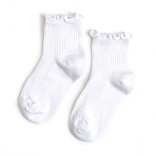 Ribbed Lettuce Trim Midi High Socks-White