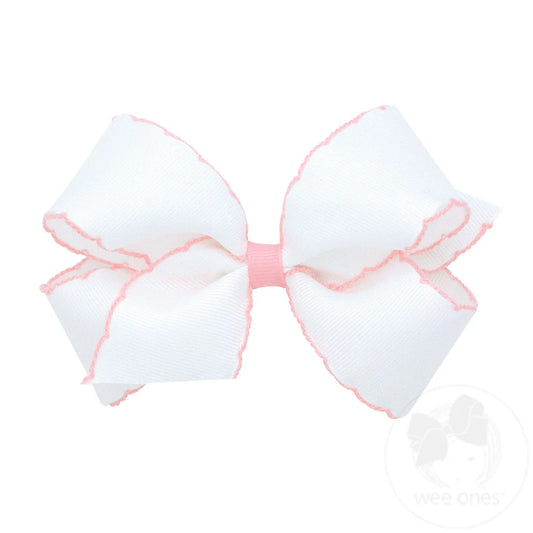 Medium Moonstitch Grosgrain Hair Bow with Contrasting Wrap- White Powder Pink